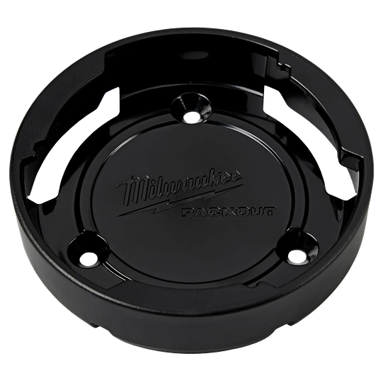 Black Milwaukee PACKOUT twist-lock mount with three screw holes for secure tool accessory attachment