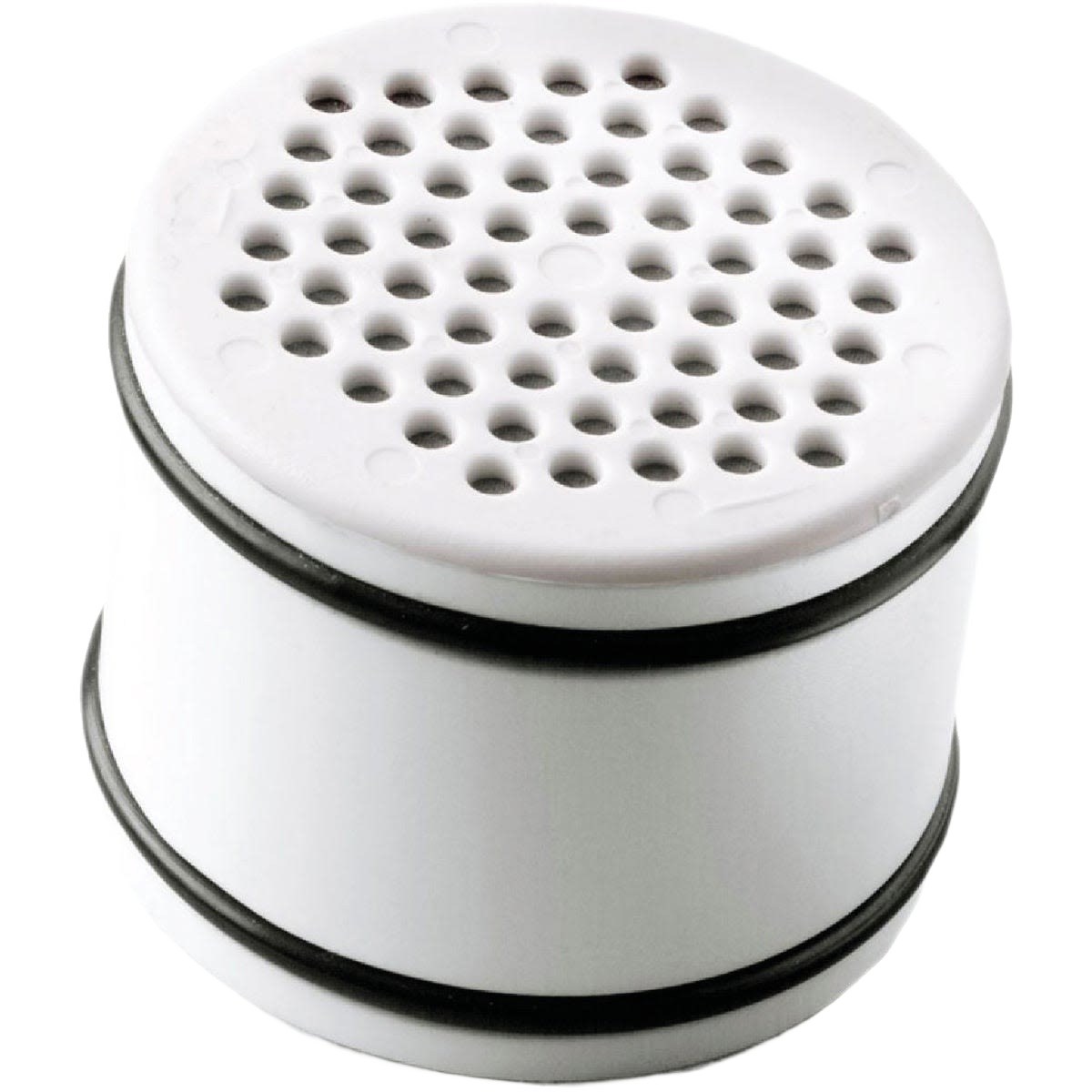White cylindrical shower water filter cartridge with multiple small holes and black sealing rings for bathroom plumbing repair collections