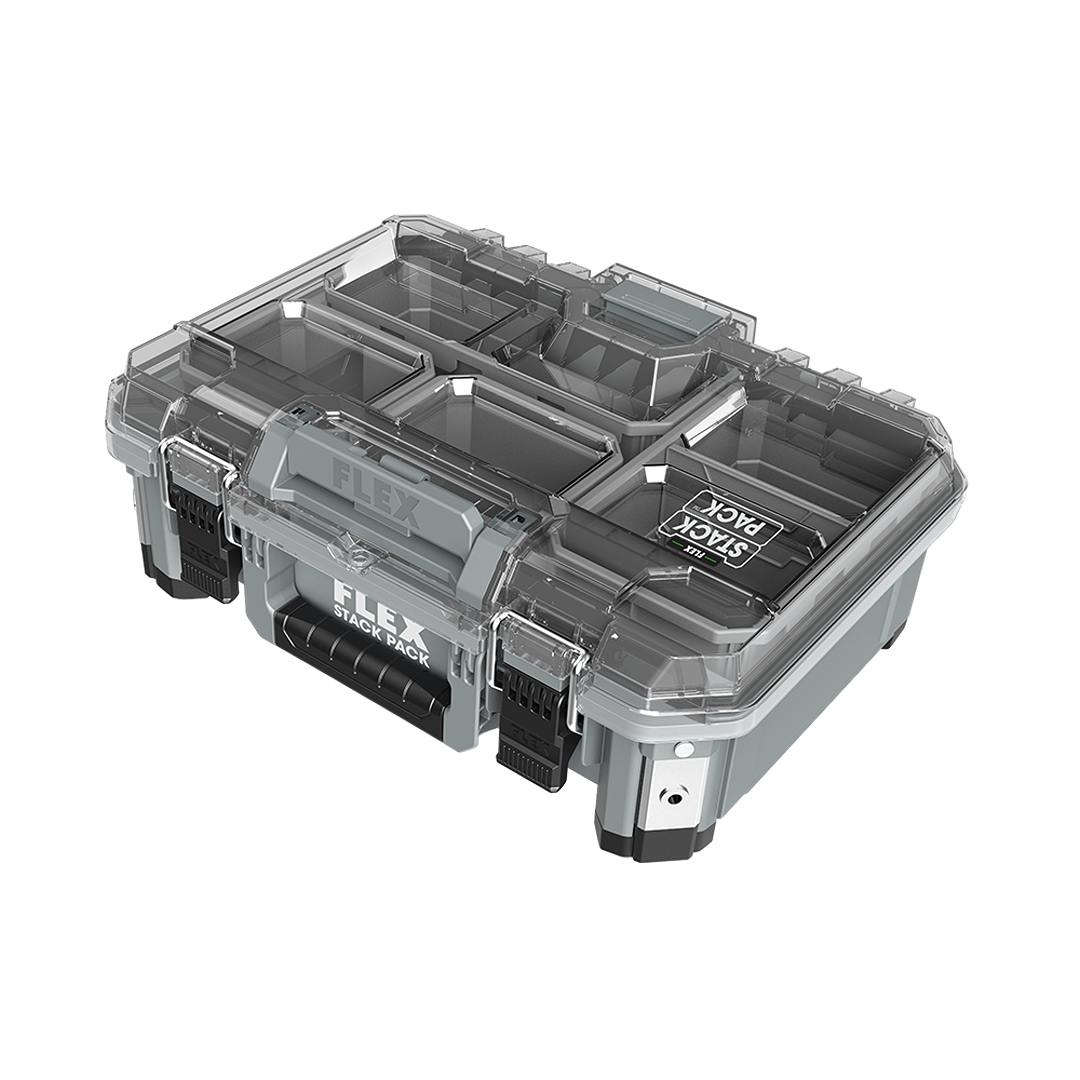 Clear plastic and gray FLEX Stack Pack medium organizer box with multiple compartments for tool storage and workshop organization