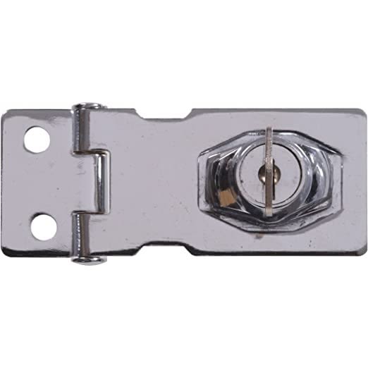 Chrome finish keyed safety hasp with concealed mounting screws for secure home improvement and hardware projects