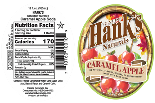 Front and back labels of Hanks caramel apple soda bottle with nutrition facts and autumn-themed design in drinks collection
