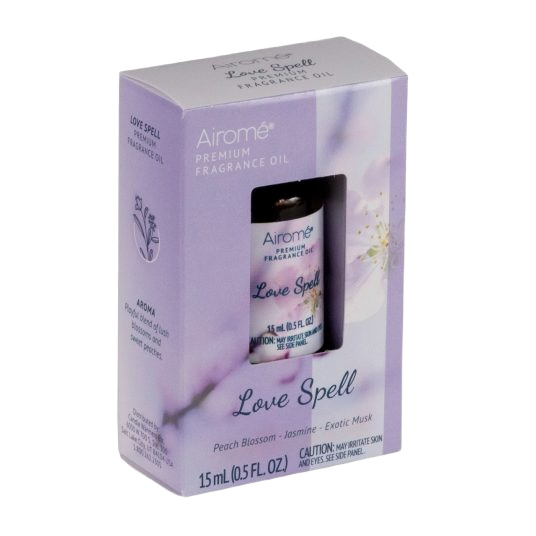 Lilac and white packaging of Airome Love Spell scent oil highlighting peach blossom, jasmine, and musk fragrance notes