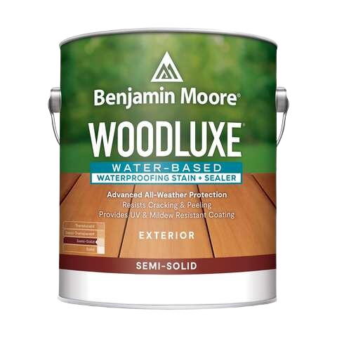 Can of Benjamin Moore Woodluxe water-based semi-solid exterior stain and sealer for home improvement projects
