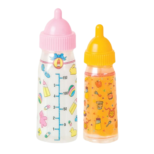Two colorful plastic baby bottles with playful illustrations and measurement markings against a white background