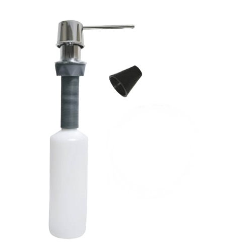 Chrome soap dispenser with straight spout, plastic reservoir, and flexible tubing for plumbing repair and home improvement projects