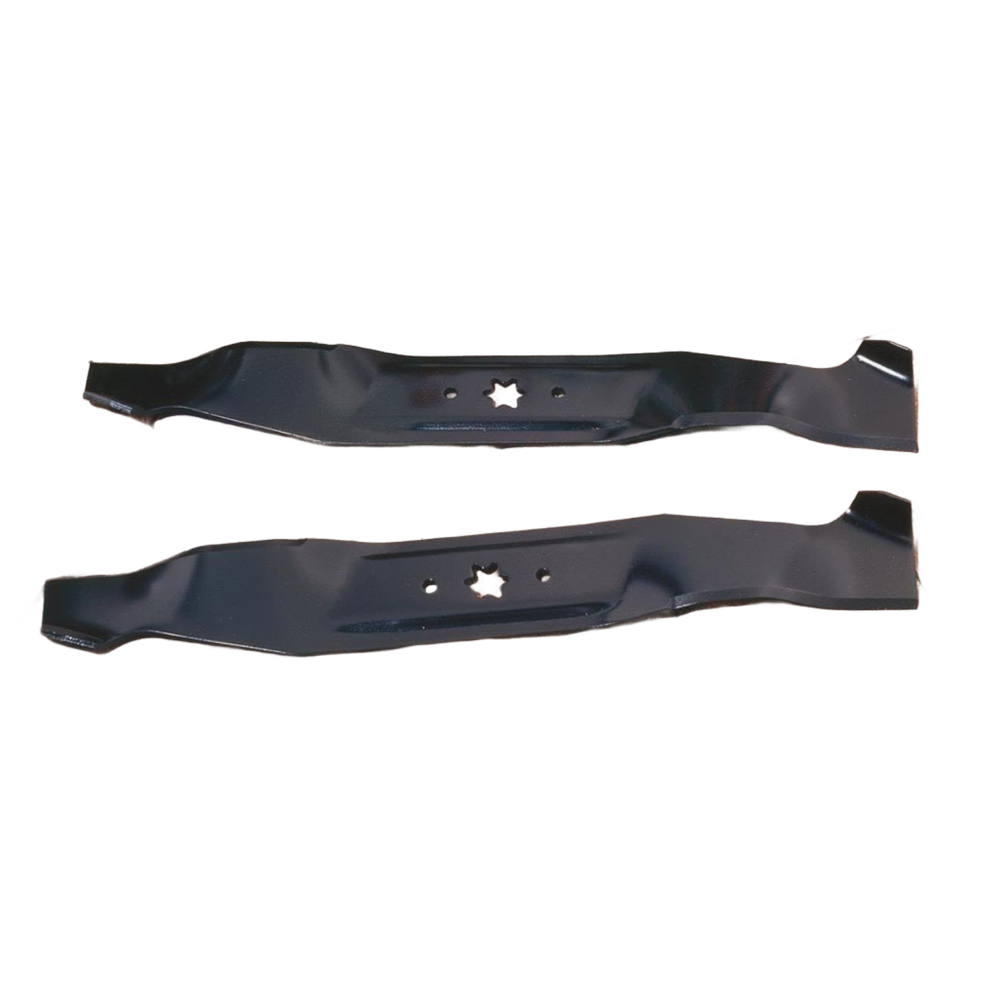 Pair of black metal mower blades with star-shaped mounting holes for lawn tractor replacement parts under $50 collections