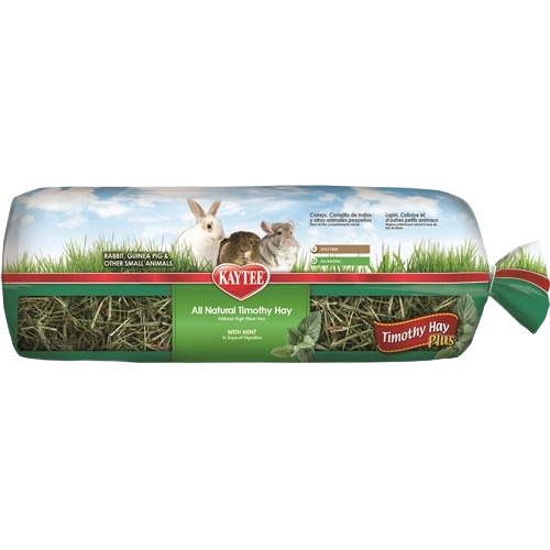 Package of Kaytee Timothy Hay Plus Mint with images of small pets and natural grass hay for pet care