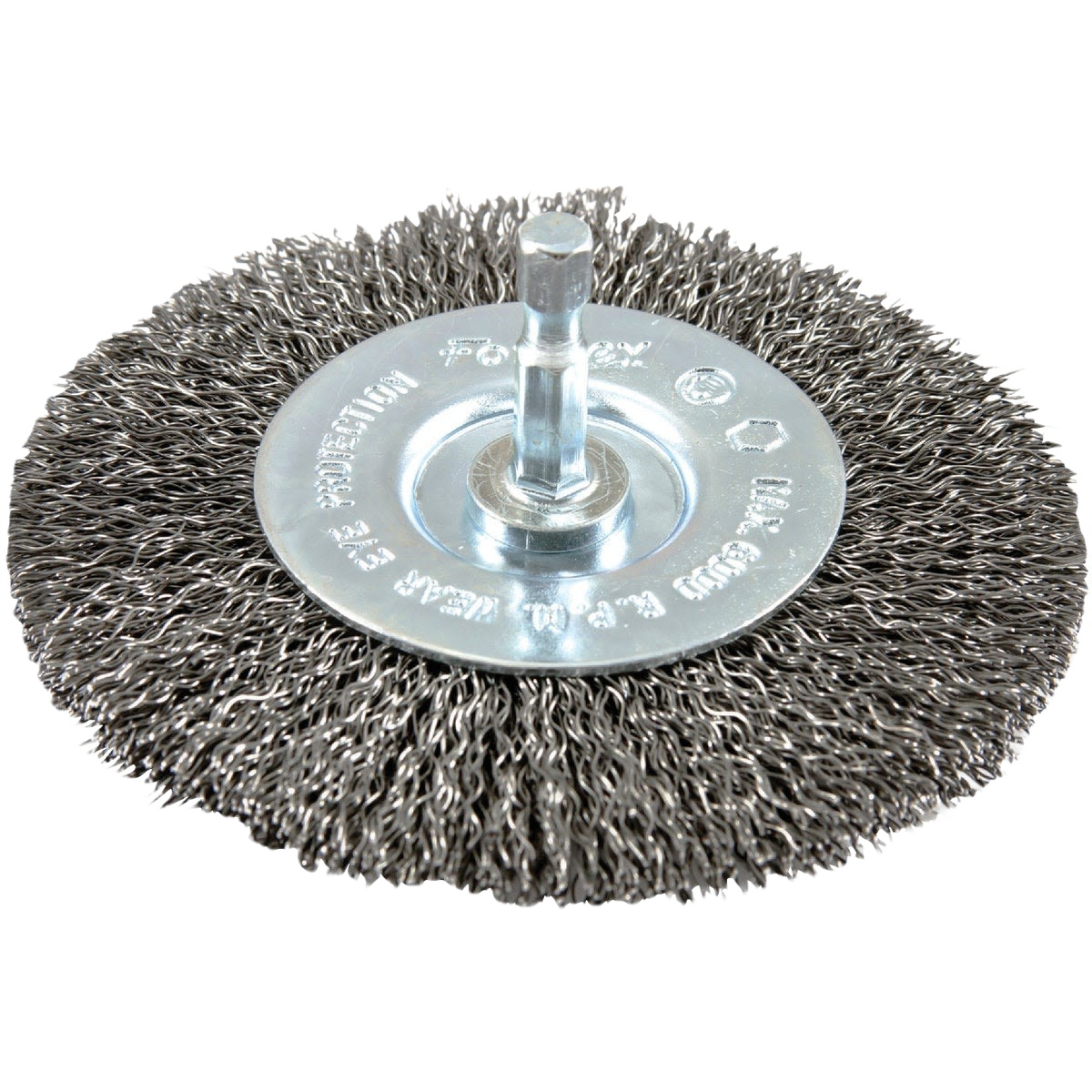 Coarse crimped wire wheel brush with drill mount, ideal for tool accessories and woodworking applications under $50.