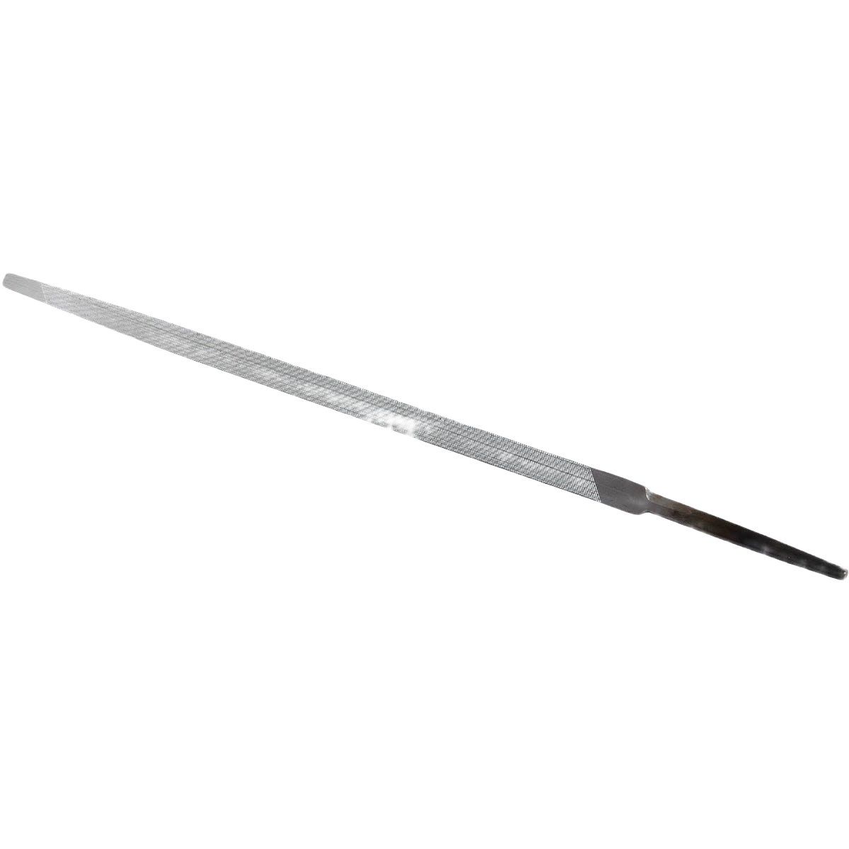 Slim tapered metal file with fine teeth and black handle for precision shaping in home improvement projects