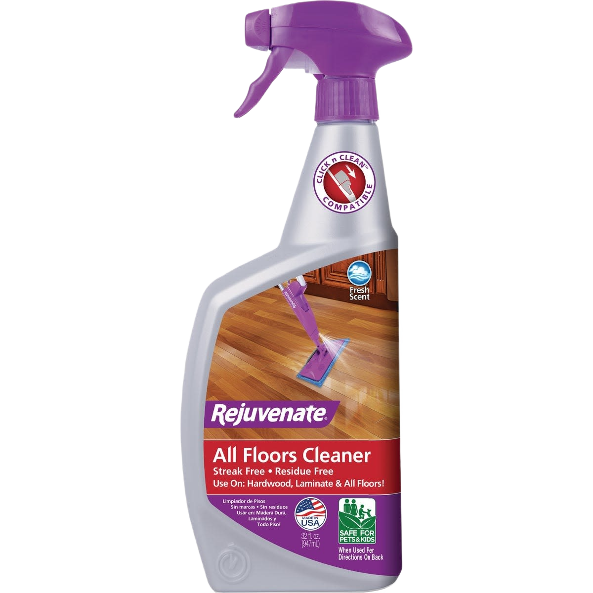 Spray bottle of Rejuvenate floor cleaner with purple trigger for hardwood and laminate floors in cleaning supplies