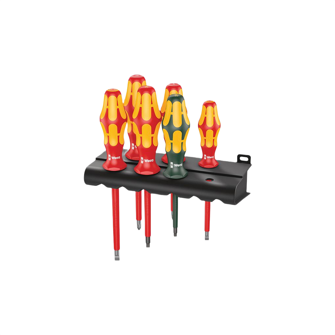 Six-piece insulated screwdriver set with ergonomic handles on a black rack for hand tools and home improvement projects