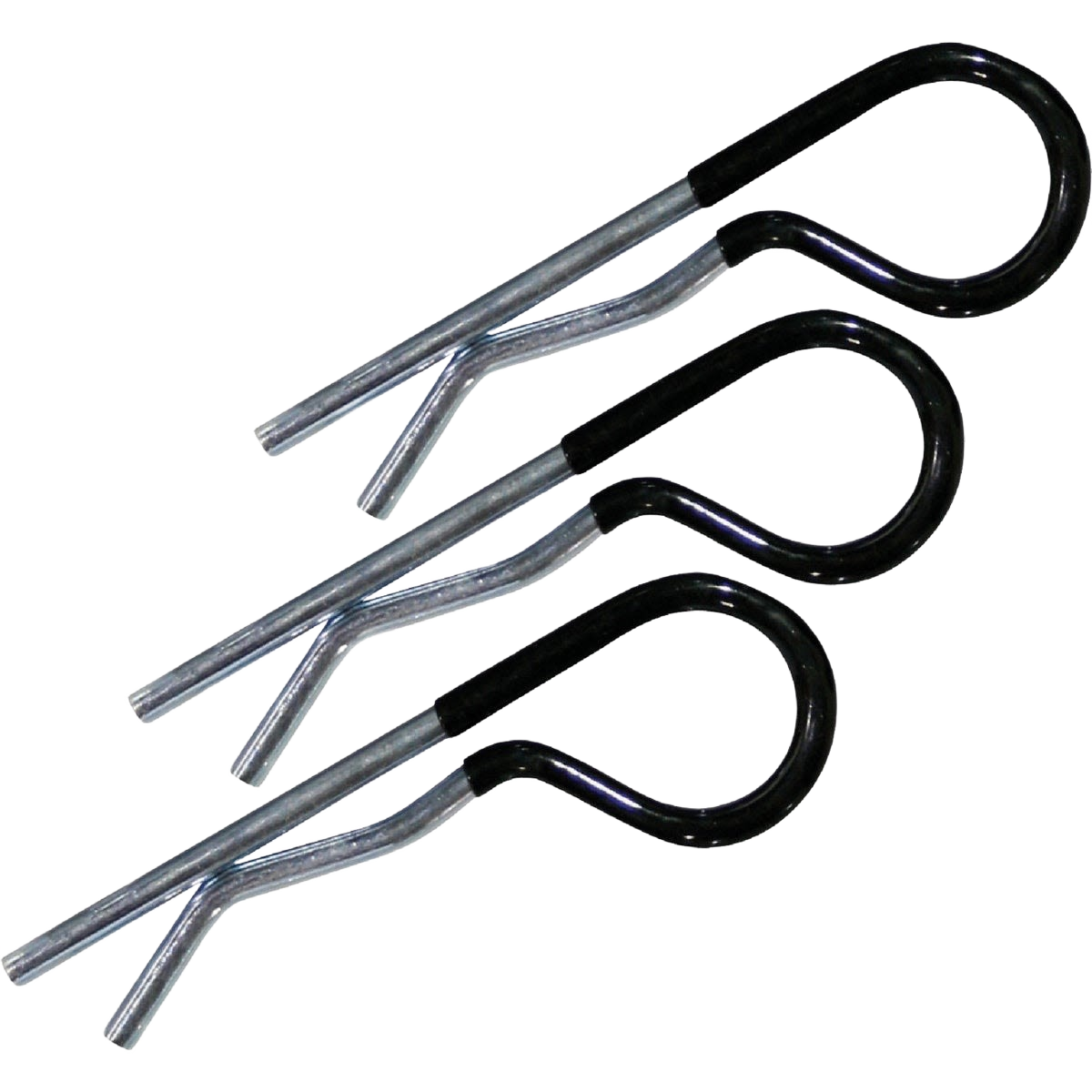 Set of three metal spring cotter pins with black plastic-coated grips for secure fastening in parts and tools collections