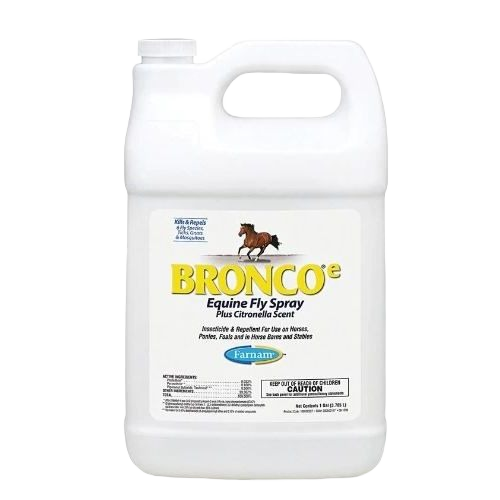 White plastic gallon jug of Farnam Bronco equine citronella fly spray with handle and horse image on label