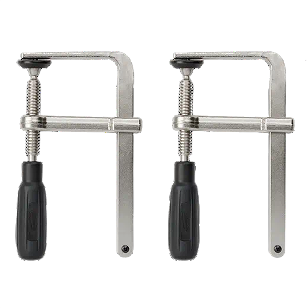 Two metal guide rail clamps with black handles for woodworking and power tools under $50 and Milwaukee brand.