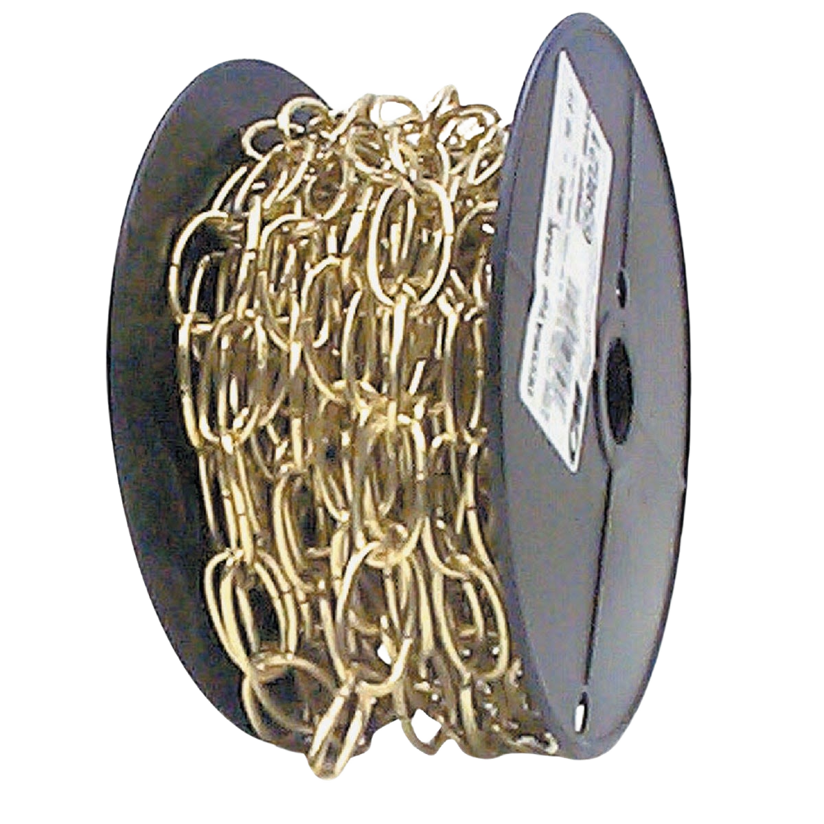 Gold-toned decorative craft chain wound on a black spool for home improvement and crafting projects