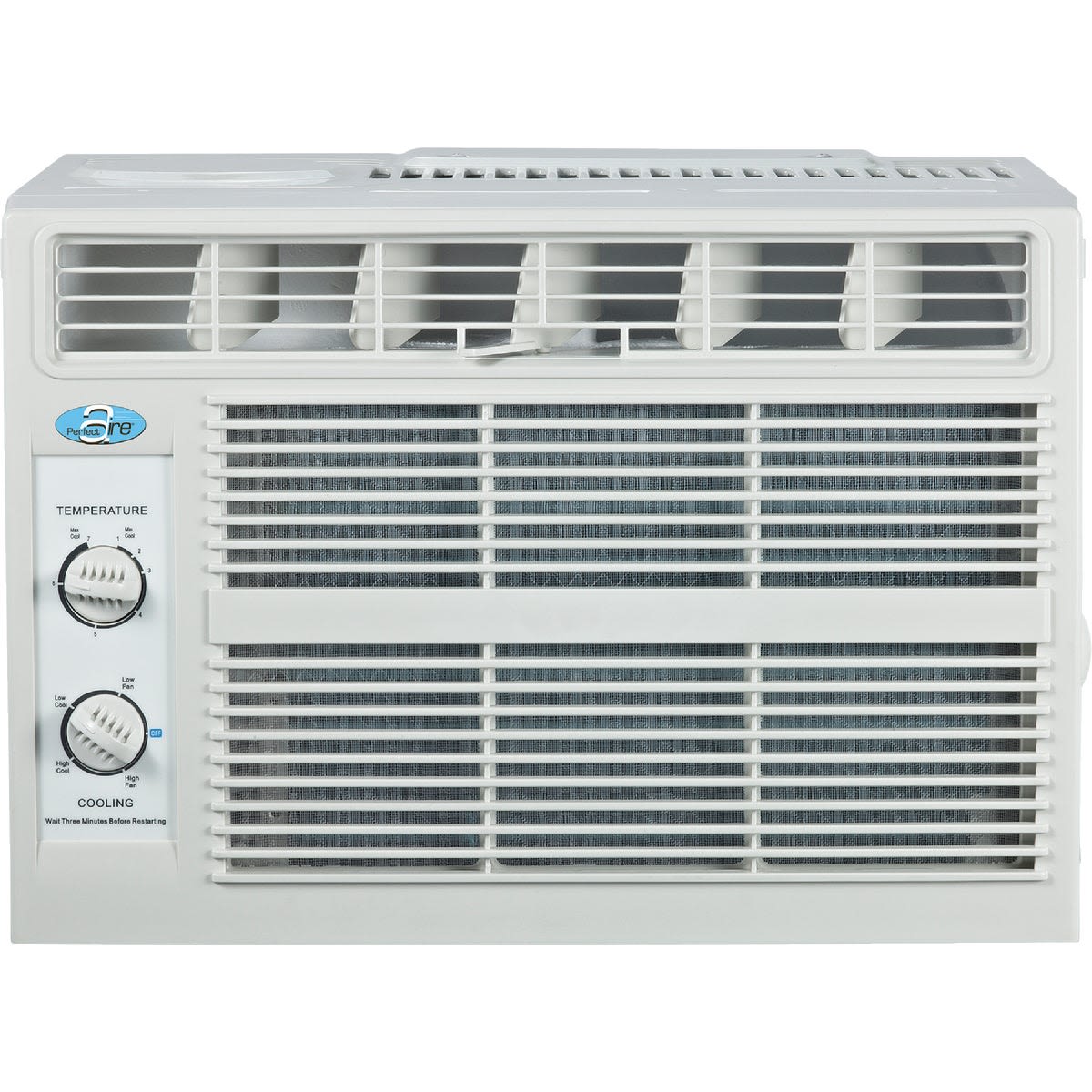 Compact white window air conditioner with adjustable temperature and cooling controls for home improvement use