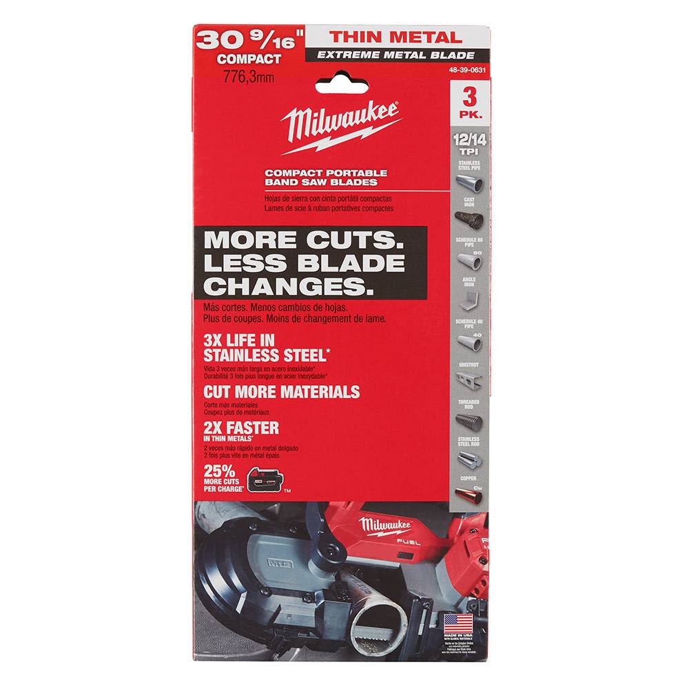 Package of three Milwaukee stainless steel band saw blades with variable tooth design for power tool and woodworking use