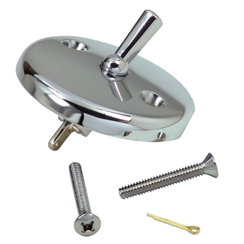 Chrome overflow plate with lever handle and mounting screws for bathroom drain repair and home improvement tasks
