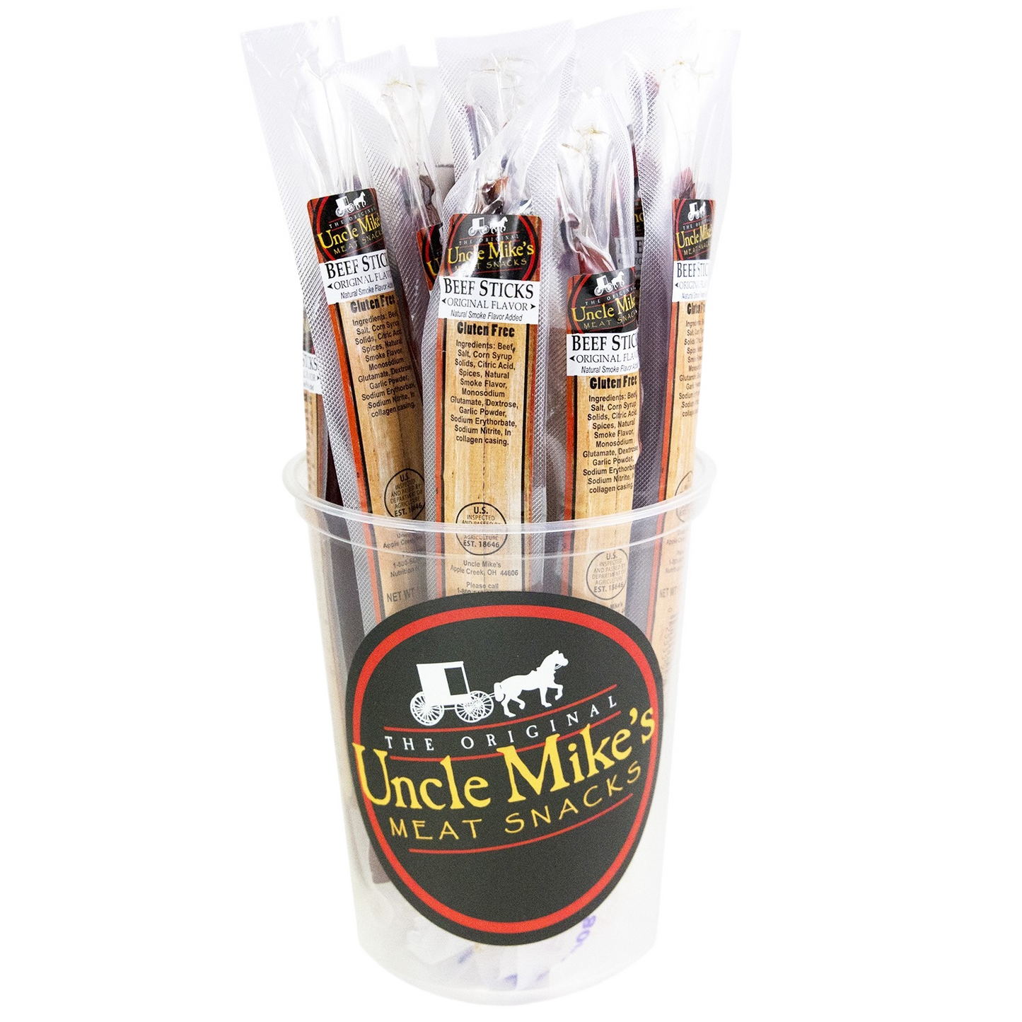 Clear plastic cup filled with individually wrapped savory meat sticks from a popular snacks collection under $50