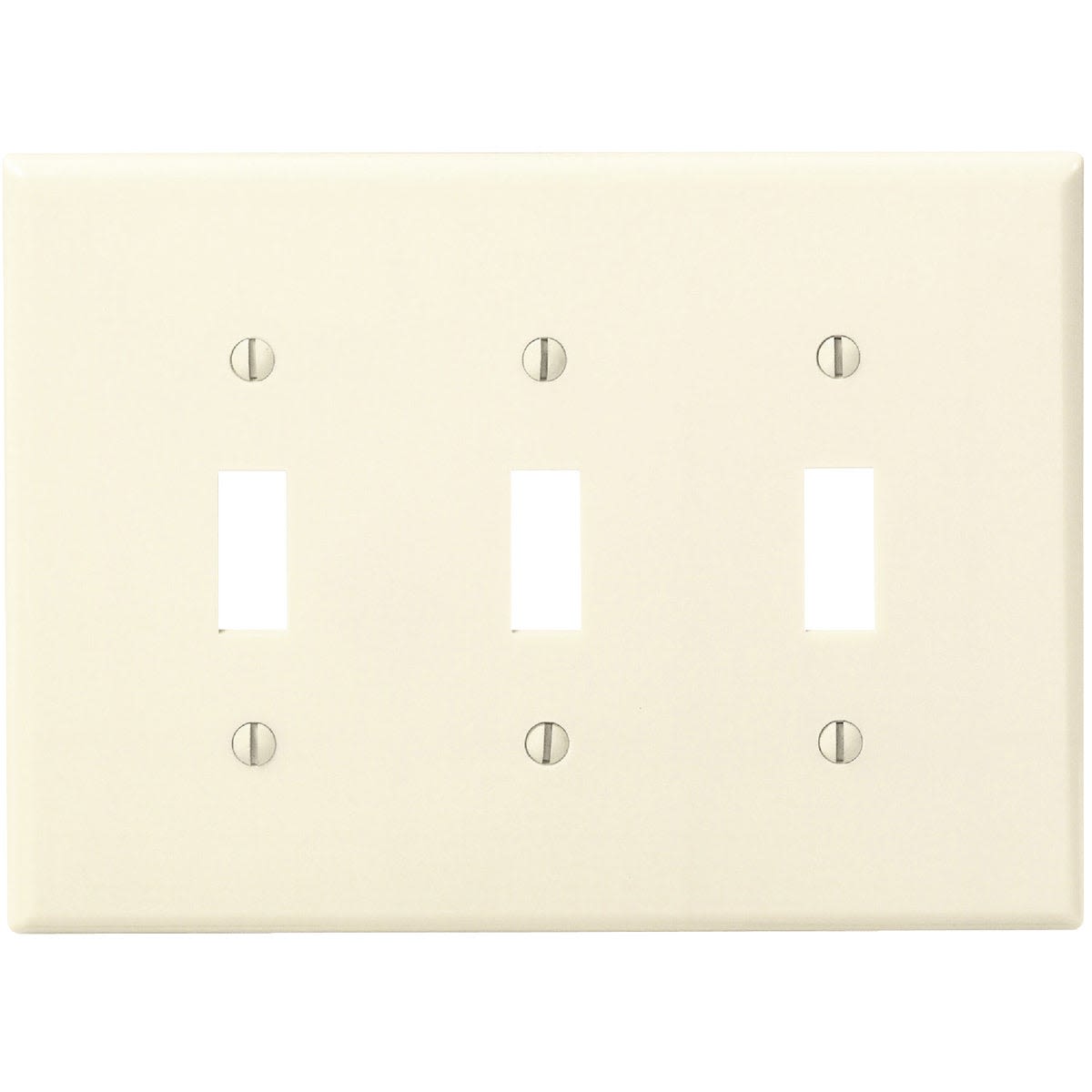 Ivory three-gang toggle switch wall plate with six screws for home improvement and electrical projects