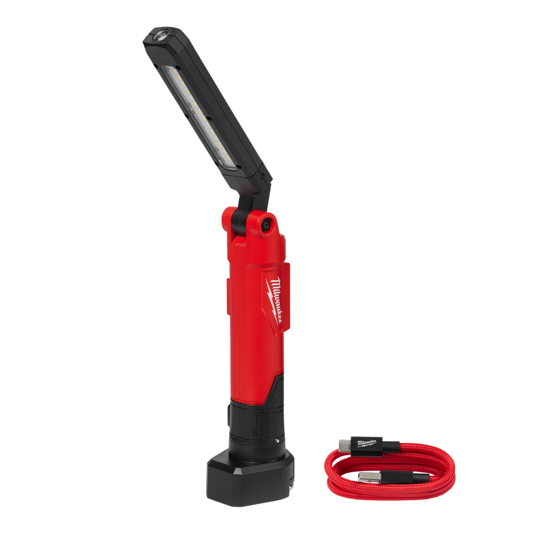 Compact red rechargeable USB stick light with hinged head and magnetic base for versatile hands-free use in tools and home improvement