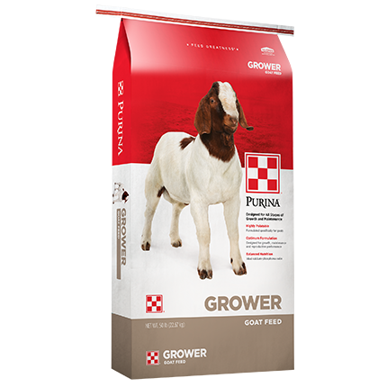Bag of Purina Grower goat feed with image of a young goat, designed for growth and performance nutrition