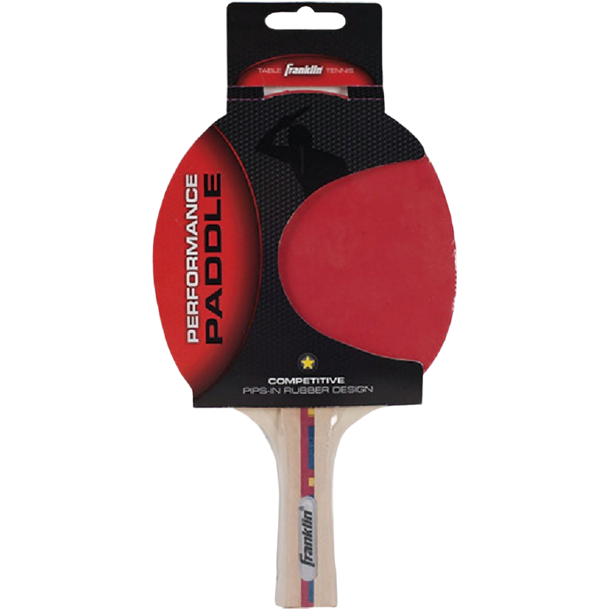 Red rubber table tennis paddle with wooden handle and black and red packaging for sports and recreation use
