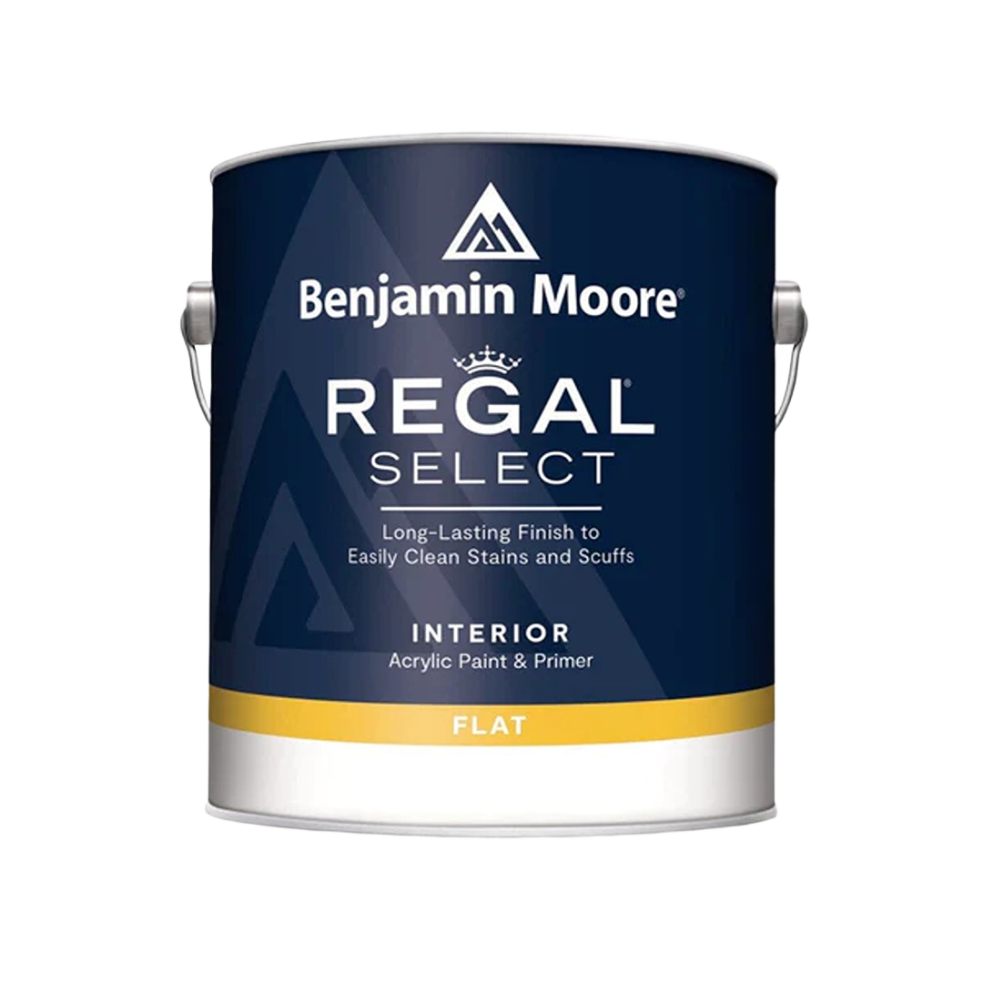 Blue can of tintable flat interior acrylic paint and primer from Benjamin Moore Regal Select collection