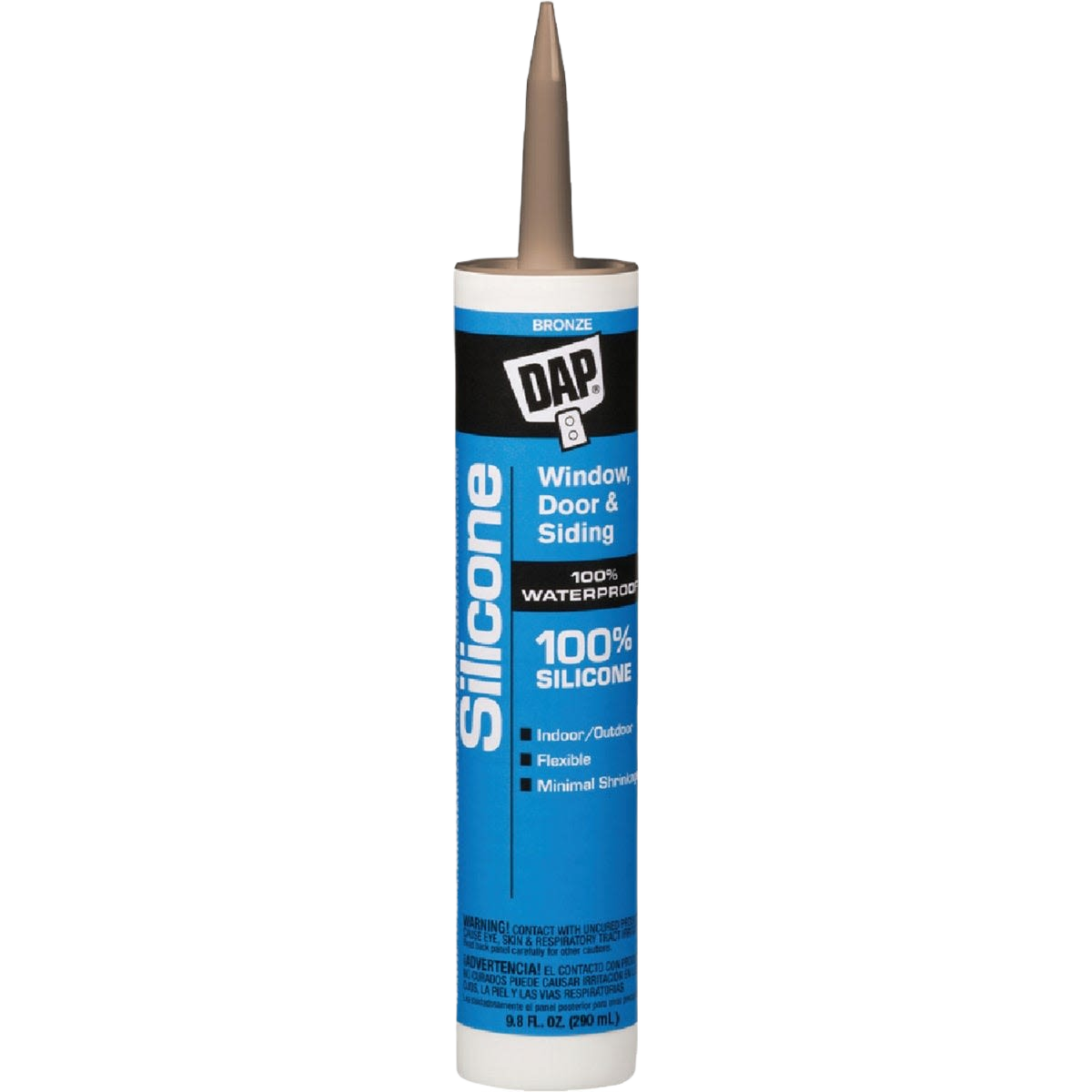 Blue and bronze tube of silicone sealant for windows, doors, and siding in home improvement projects