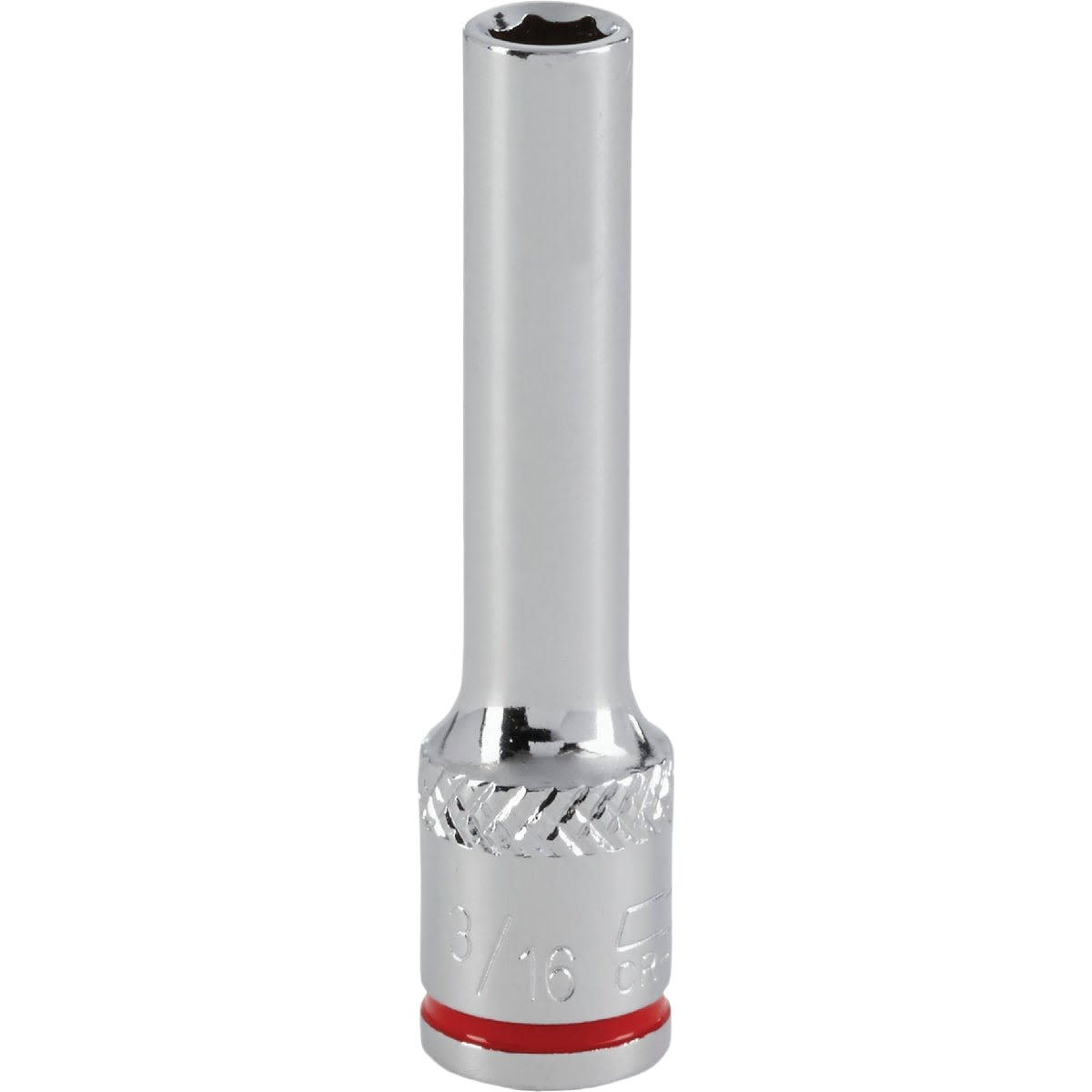Chrome 6-point deep socket with textured band for easy size identification, suitable for hand tools and woodworking tasks