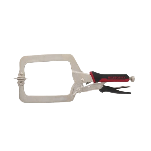 Adjustable metal face clamp with red and black ergonomic handle for woodworking and home improvement tasks