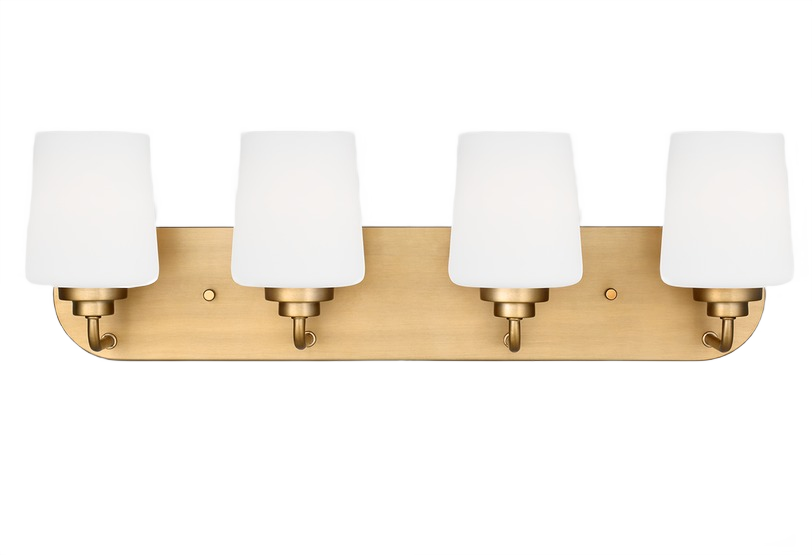 Four-light satin brass wall sconce with etched glass shades for bathroom and vanity lighting collections