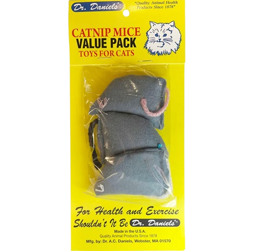 Pack of blue-gray fabric mice cat toys filled with catnip in clear plastic packaging with yellow branded backing card