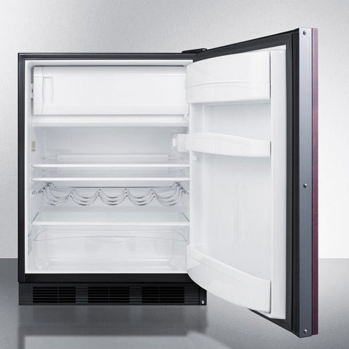 Open 24-inch built-in refrigerator with white interior, glass shelving, and under-shelf wine rack in kitchen appliances collection