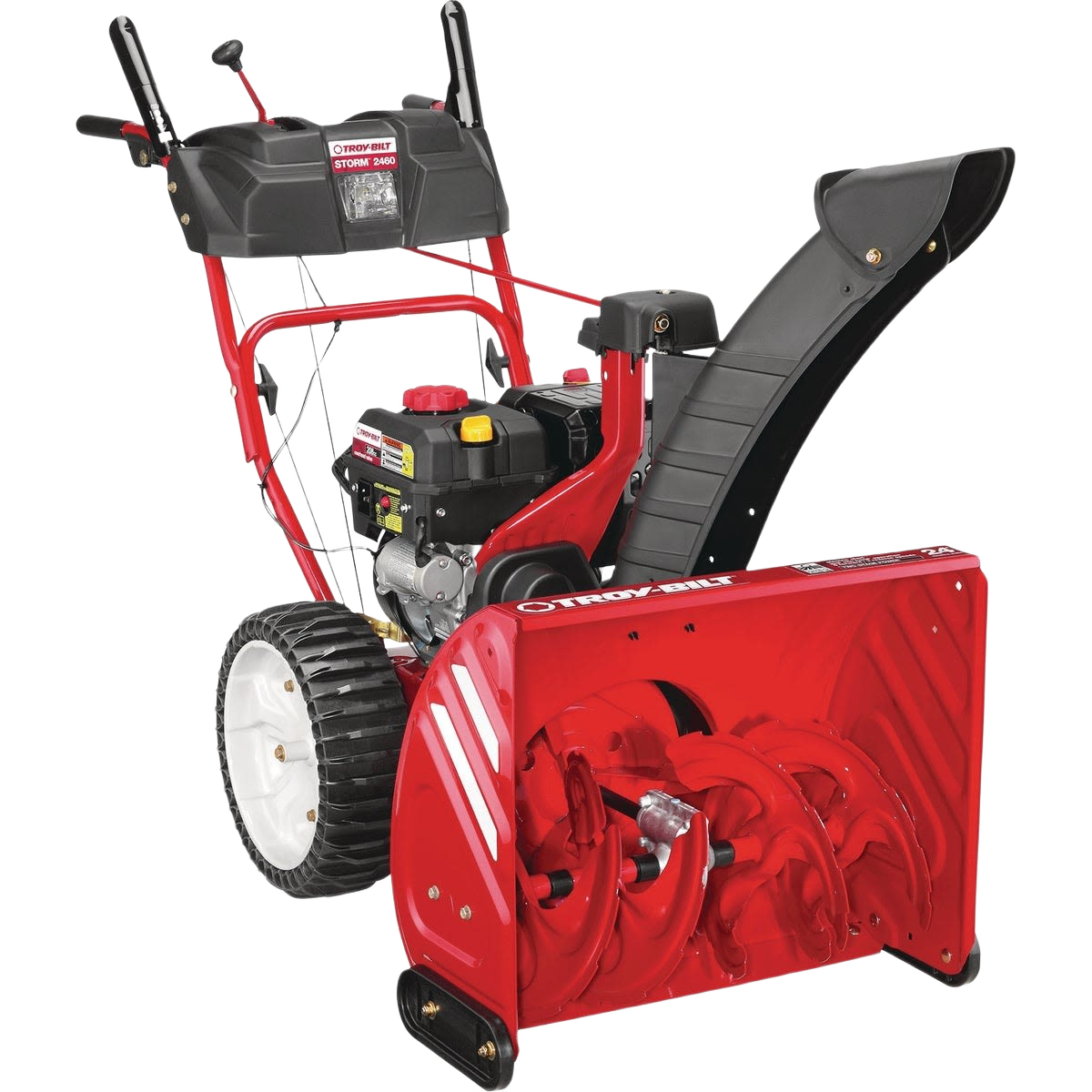 Red and black 24-inch wide gas-powered snow blower with durable wheels and adjustable discharge chute for home snow removal tasks
