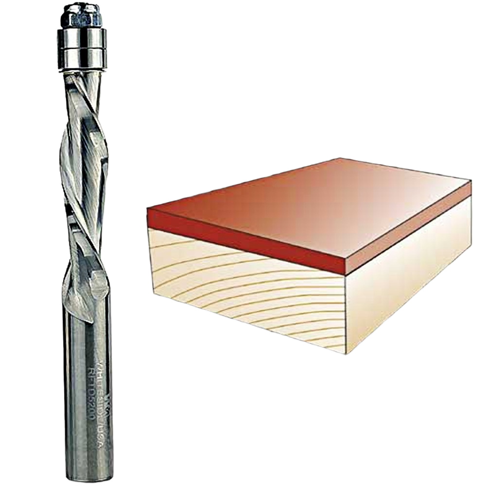 Spiral downcut flush trim router bit with double flutes paired with wood piece for trimming in tool accessories collection