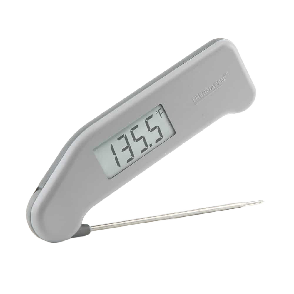 Grey digital grill thermometer with foldable probe showing temperature reading for grilling tools and outdoor living.