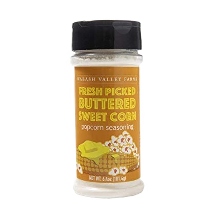 Clear seasoning container with black cap featuring buttered sweet corn flavor for grilling spices and food collections
