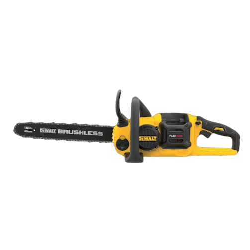 Yellow and black cordless chainsaw with 16-inch bar designed for powerful brushless cutting in home improvement tasks