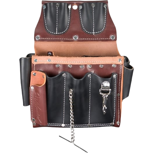 Premium leather electrician's tool case with multiple pockets and holders for organized tool storage and workshop use