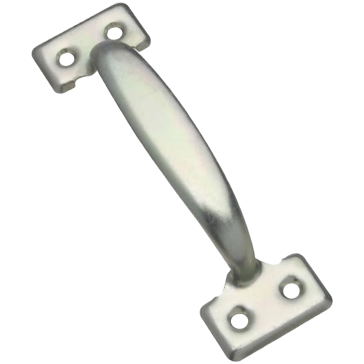 Zinc utility door pull with curved grip and mounting holes designed for home improvement use
