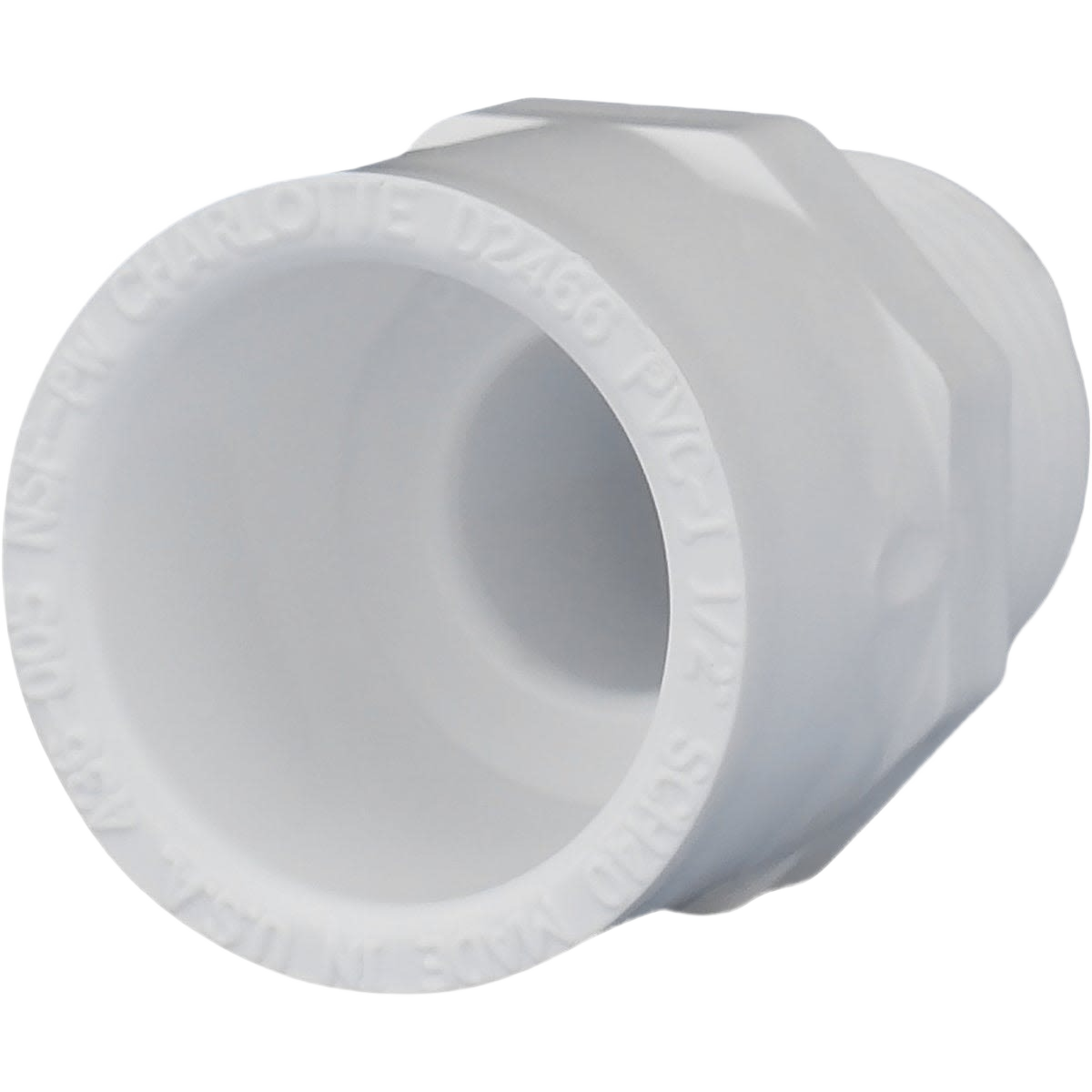 White Schedule 40 male PVC adapter fitting for plumbing and pipes, part of under $50 home improvement tools collection