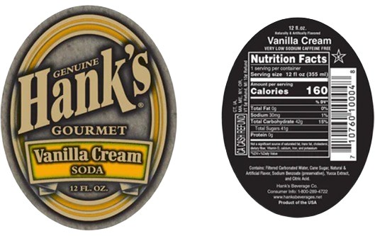 Oval label of Hanks vanilla cream soda with nutrition facts and barcode on black background