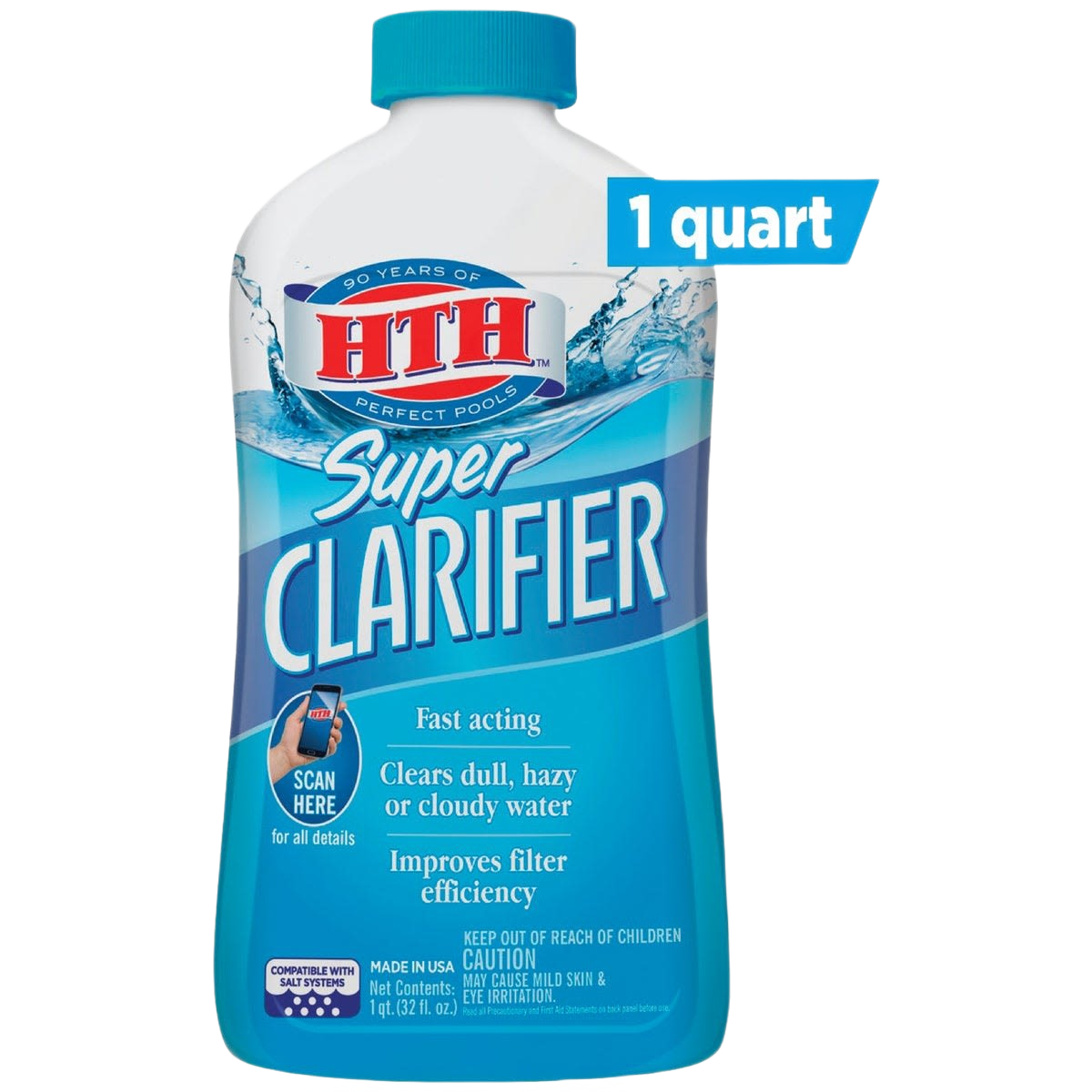 Plastic bottle of pool clarifier with blue label and cap designed to clear cloudy water and improve filter performance