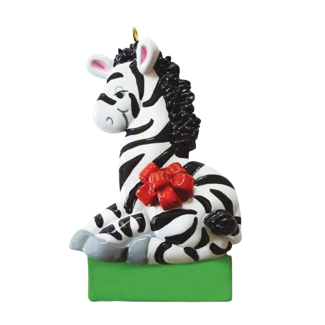 Zebra figurine ornament with red bow sitting on green gift box for Christmas Ornaments & Tree Decorations under $50 collection