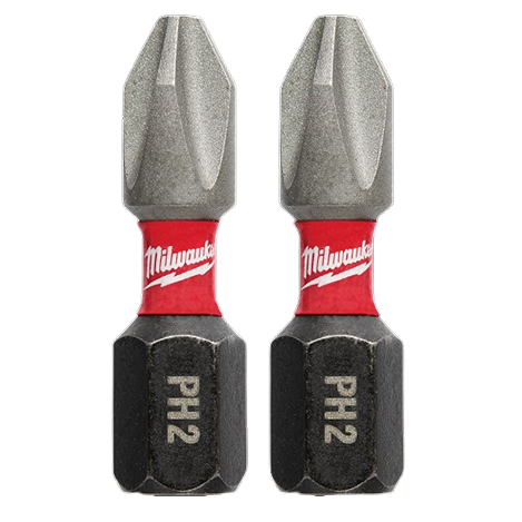 Two 1-inch PH2 Phillips impact driver bits with red Milwaukee bands from the power tool accessories collection