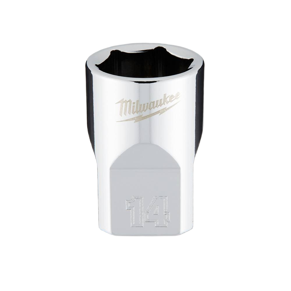 Chrome-finished 14mm 6-point socket with 3/8-inch drive and FOUR FLAT™ sides for tools and home improvement tasks