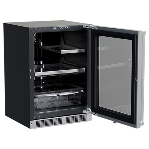 Built-in black beverage and wine refrigerator with glass door, convertible shelf, and MaxStore bin in kitchen appliances collection