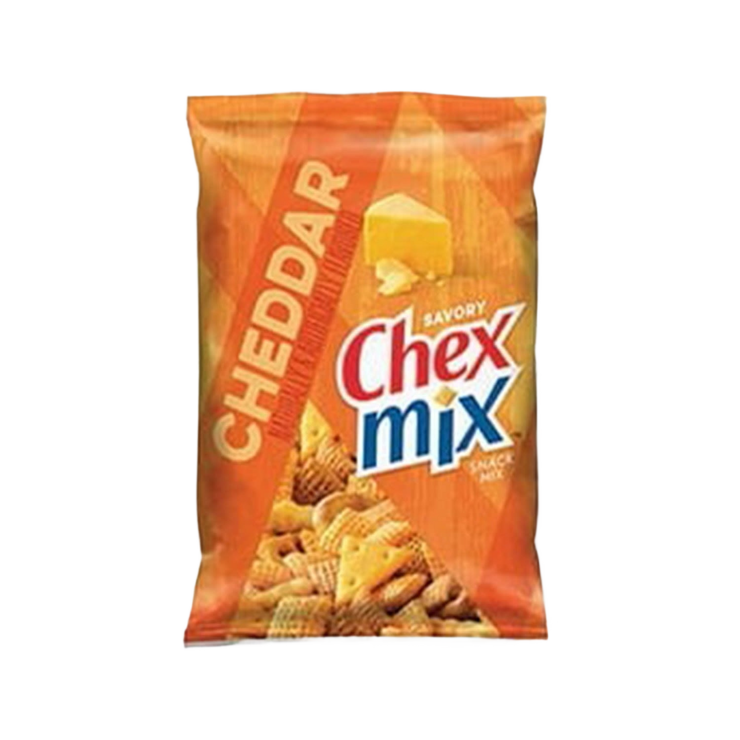Bag of cheddar-flavored Chex mix snack with crunchy cereal, pretzels, and crackers from Chips & Snacks collection