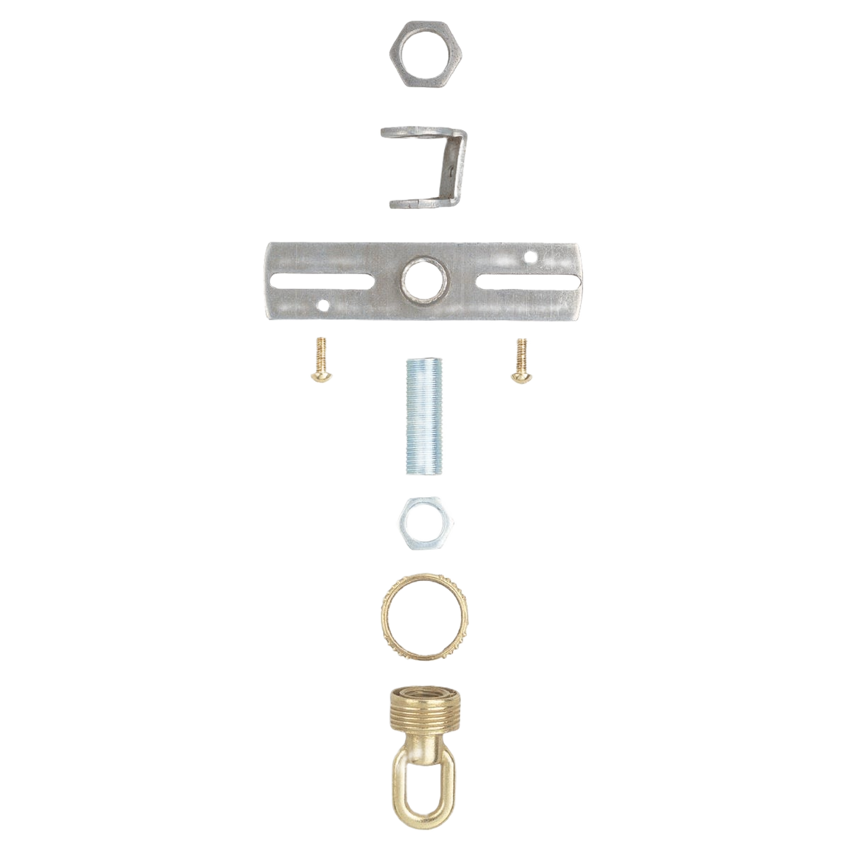 Metal screw collar loop kit with crossbar, screws, and hardware for lighting and ceiling fan installation tasks
